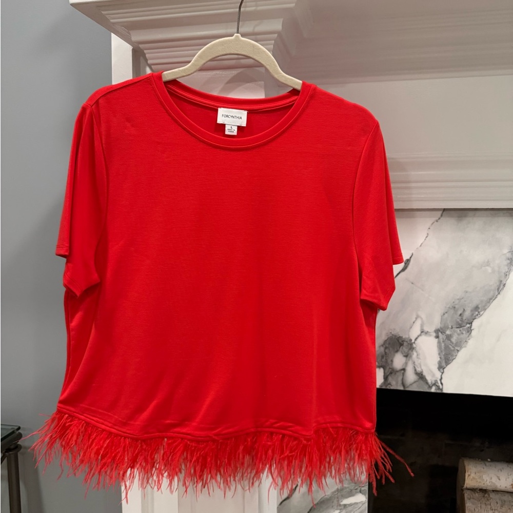 For Cynthia Red Feather Hem Short Sleeve Top